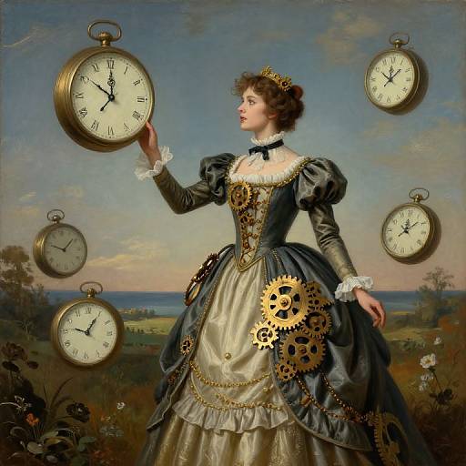 Digital painting of a Victorian woman in a blue and gold gown with clock gears, floating pocket watches in a countryside sky.