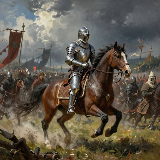 Digital painting of a knight in shining armor riding a brown horse, leading a battle charge through a cloudy, dusty battlefield.
