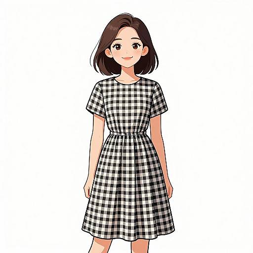 Digital anime-style drawing of a smiling young woman with short black hair, wearing a black-and-white checkered short-sleeve dress.