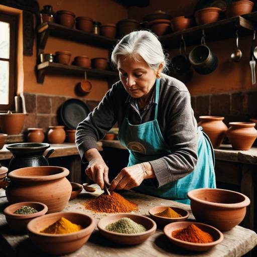 Elderly Woman Preparing Spices in Rustic Kitchen