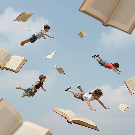 Children Soaring on Bird-Limbs Among Books