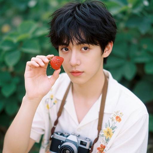 Young Asian man with black hair, wearing a white floral shirt and camera, holds a strawberry close to his face against a green leafy background. Photograph
