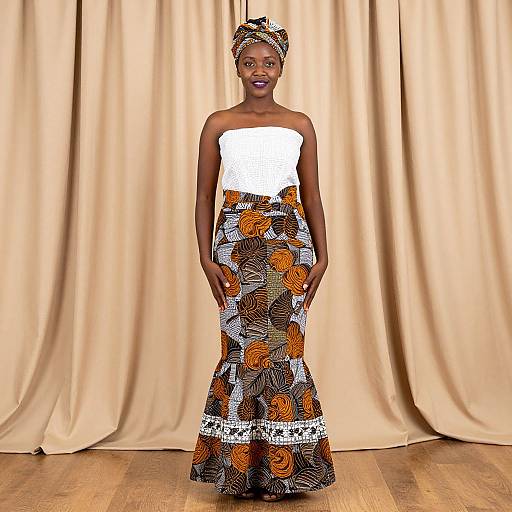 Photograph of a Black woman with dark skin wearing a white strapless top, orange and black patterned maxi skirt, and matching headwrap, standing