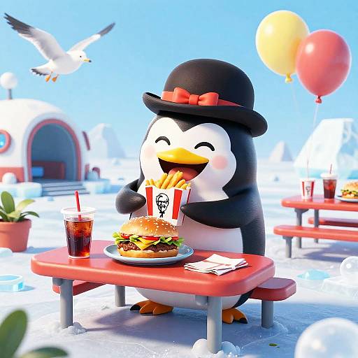 CGI cartoon of a penguin in a black top hat eating a burger at an outdoor picnic table with balloons and soda.
