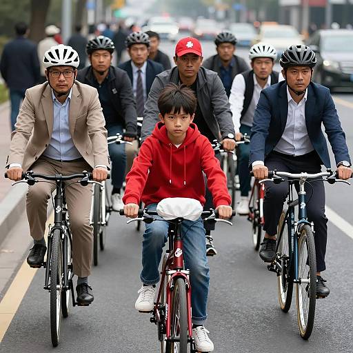 Group of Asian Men and Boy Biking in Urban Street
