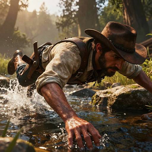Photograph of a bearded man in a brown hat and worn shirt, crawling through a sunlit forest creek, splashing water, with rugged trees