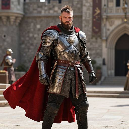 Photorealistic CGI of a bearded, muscular man in shiny silver armor with a red cape, standing confidently in a sunlit medieval castle courtyard.