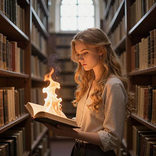 Photograph-style digital art: Blonde woman with wavy hair and white blouse, standing in library aisle, holding open book with flame.