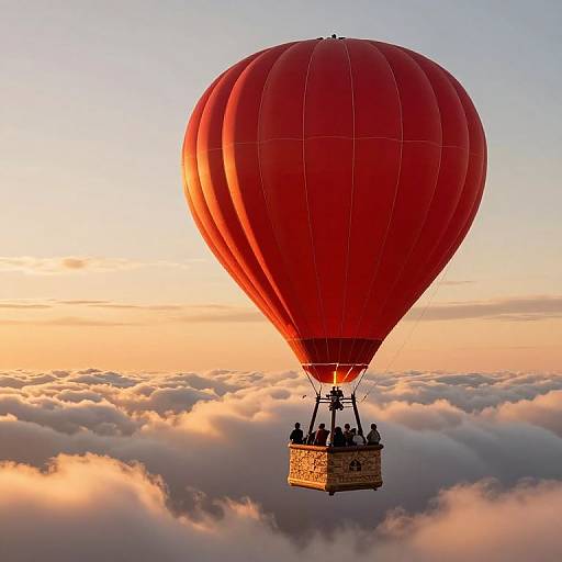 Photograph of a vibrant red hot air balloon soaring above fluffy clouds at sunset, carrying a group of silhouetted passengers.
