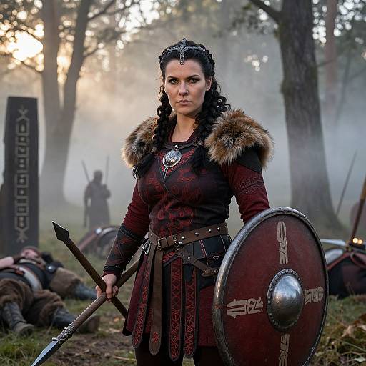 Photograph of a fierce, dark-haired woman in Viking armor with fur trim, holding a spear and round shield, standing in a misty forest battlefield