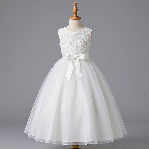 Photograph of a white, sleeveless lace bodice dress with a full tulle skirt, tied at the waist, displayed on a wooden dress form