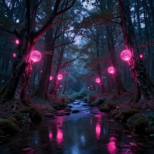 Photograph of a mystical forest at twilight, featuring a glowing pink-lit stream with luminous spherical orbs hanging from trees.