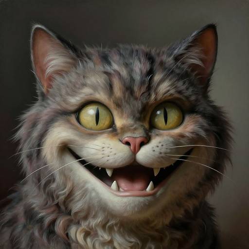 Digital painting of a fierce, smiling, long-haired tabby cat with yellow, slit-pupil eyes and sharp, white teeth against a dark background.