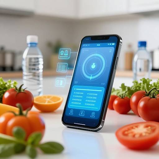 Photograph of a smartphone displaying a health app interface, surrounded by fresh tomatoes, an orange, and water bottles on a kitchen counter.