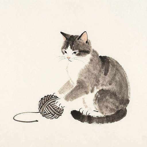 Sumi-e Cat with Yarn Ball