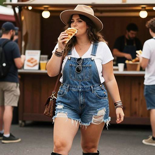 Photograph of a woman in a beige hat, white shirt, and distressed denim overalls, eating a hot dog at an outdoor food market, with