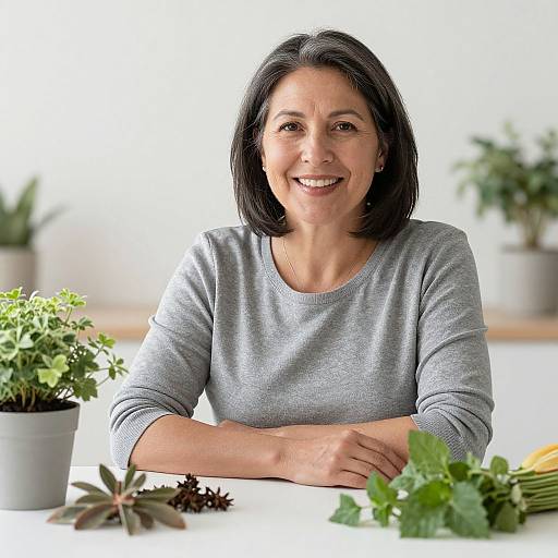 Photograph of smiling middle-aged woman with short black hair, wearing gray sweater, seated at white table with potted plants and leafy greens.