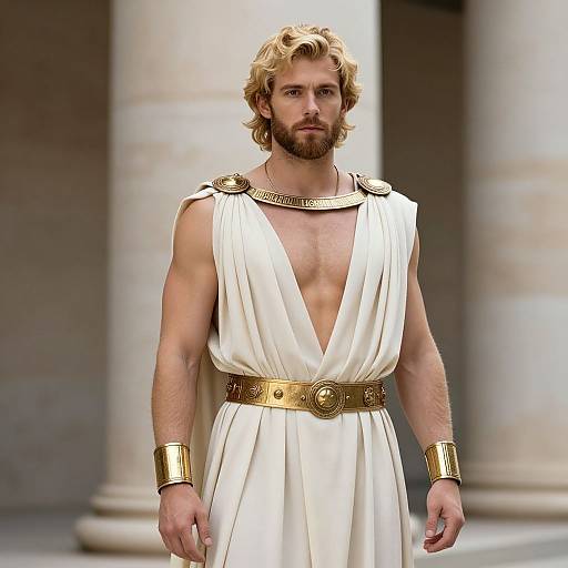 Photograph of a muscular, bearded man with wavy blonde hair, wearing a deep V-neck white toga with gold accents and bracelets, standing