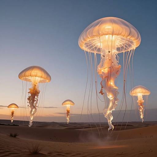 Photograph of glowing jellyfish with translucent domes and long, flowing tentacles floating in a desert landscape at sunset.