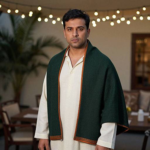 Photograph of a middle-aged man with short black hair, wearing a white traditional outfit and a dark green shawl with orange trim, standing indoors with
