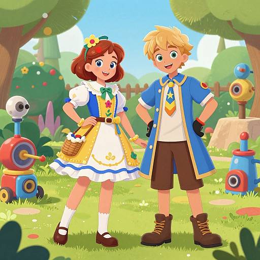 Colorful cartoon of a red-haired girl in a white dress and a blonde boy in a blue coat, standing in a bright, whimsical garden with