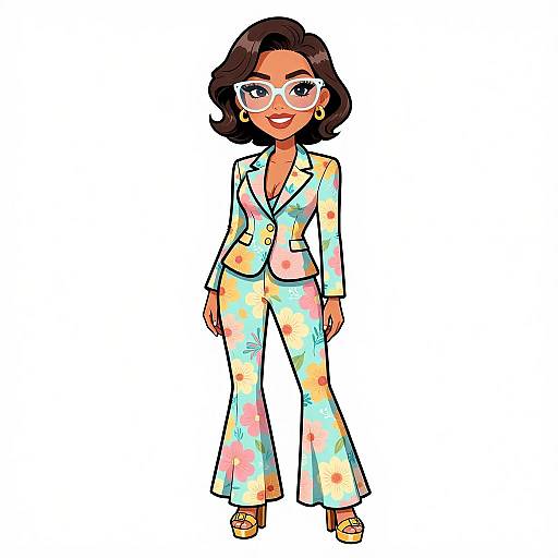 Cartoon-style drawing of a confident woman with dark wavy hair, wearing a colorful floral suit, white glasses, gold earrings, and yellow sandals.