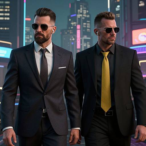Photorealistic digital image of two muscular, bearded men in dark suits, sunglasses, and ties, walking in a neon-lit, futuristic city