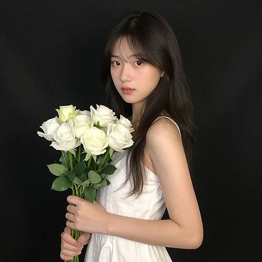 Photograph of an East Asian woman with long black hair, wearing a white dress, holding a bouquet of white roses against a black background.