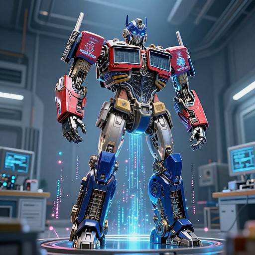 Digital art of a towering, red, blue, and silver Transformers robot standing in a futuristic control room, illuminated by blue lights.