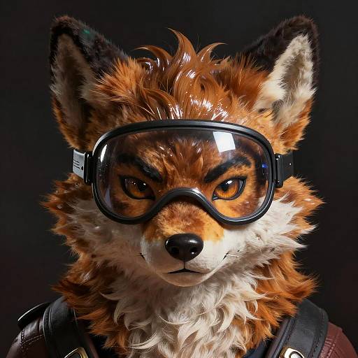 Digital CGI of an anthropomorphic fox with orange fur, black-tipped ears, intense amber eyes, and large black goggles, set against a dark background