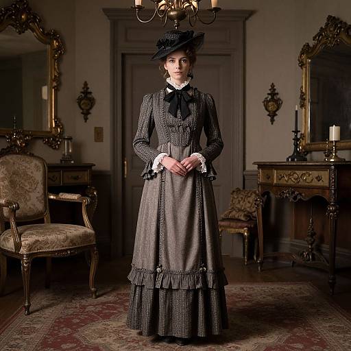 Photograph of a Victorian woman in a black, long, striped dress and hat, standing in an ornate, dimly-lit room with antique