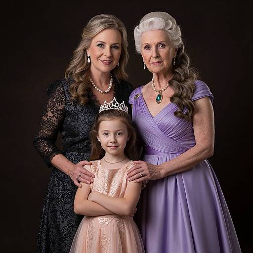 Photograph of a mature woman in lavender, another in black lace, and a young girl in pink, all wearing tiaras and jewelry, standing against