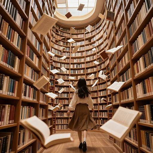 Digital art: A girl with black hair and a brown skirt walks through a curved library with floating books, surrounded by wooden shelves filled with colorful books.