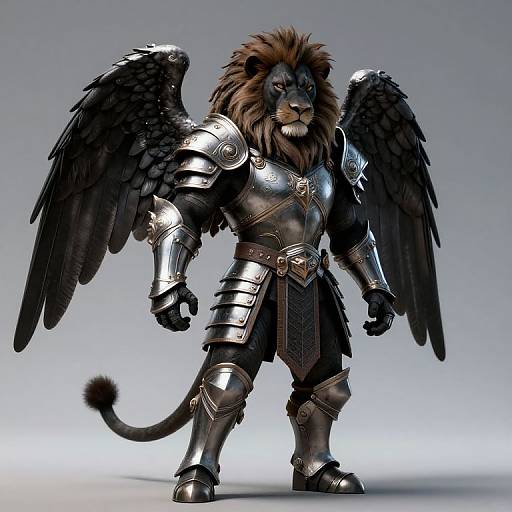 CGI image of a muscular, anthropomorphic lion with black wings, wearing shiny, detailed medieval armor, standing confidently against a gradient blue background.