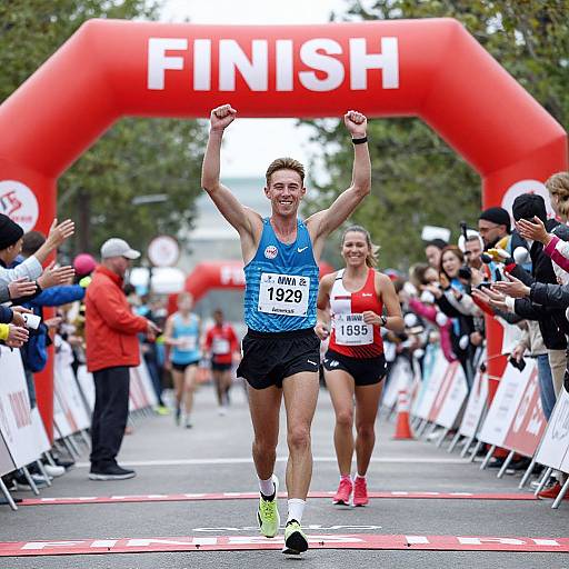 Photograph of a male runner with blue and black outfit, number 1928, crossing finish line arch, arms raised, smiling, surrounded by cheering