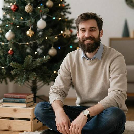 Smiling man sitting in front of Christmas tree