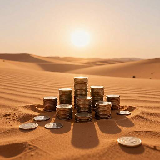 Photograph of a stack of silver coins on golden sand dunes at sunset, casting long shadows with a bright, glowing sun in the background.