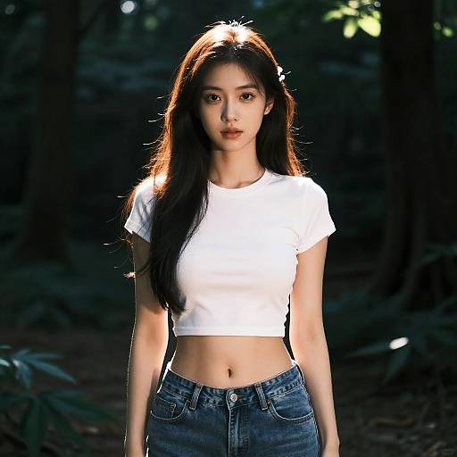 Photograph of an Asian woman with long black hair, wearing a white crop top and blue jeans, standing in a dimly lit forest with sunlight highlighting