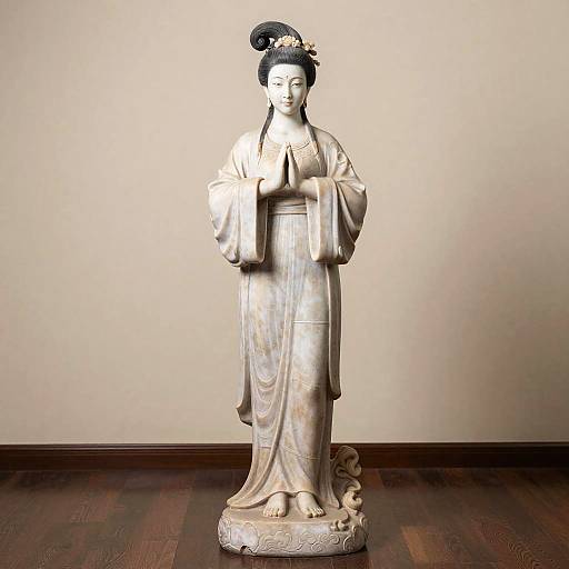 Photograph of a silver-colored, intricately detailed statue of a serene Japanese woman in traditional kimono and elaborate updo hairstyle, standing on a wooden
