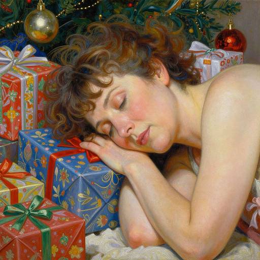 Photograph of a fair-skinned woman with curly brown hair sleeping on colorful wrapped Christmas gifts, surrounded by a decorated tree.