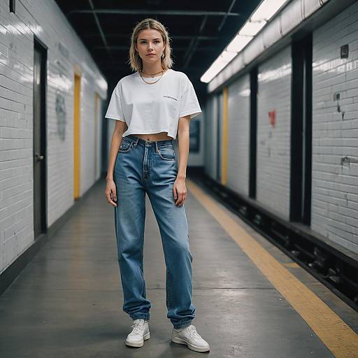 Woman in Low-Rise Baggy Jeans on Subway Platform