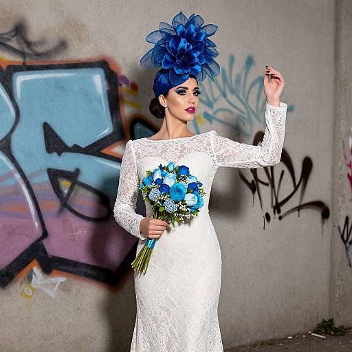 Elegant Woman in Lace Gown with Graffiti