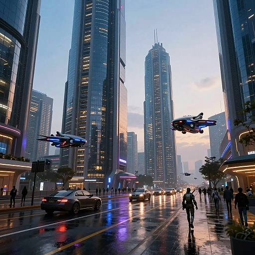 Photograph of a futuristic city street at dusk, with tall skyscrapers, flying drones, wet reflective roads, and people walking.