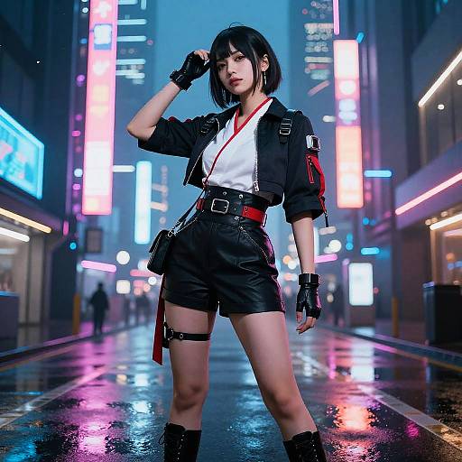 Digital artwork of a confident woman in a cyberpunk city, wearing a black jacket, white shirt, black shorts, and gloves, with neon lights reflecting