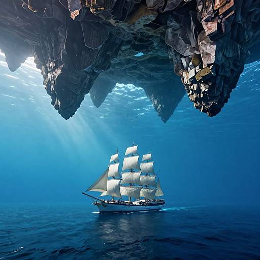 Photograph of a white-sailed ship sailing beneath a towering, sunlit rock overhang in a deep blue ocean. Sunrays penetrate the water,