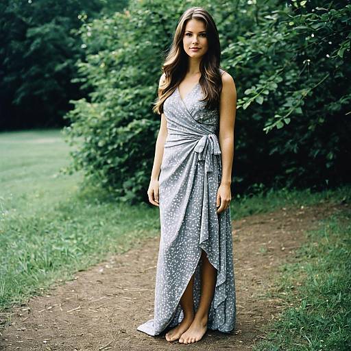 Woman in Grey Wrap Dress Outdoors