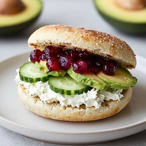 Photograph of a sandwich with whole-grain bun, layers of cucumber slices, cream cheese, and juicy cranberry sauce, on a white plate.