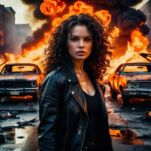 Fierce Woman in Fiery Urban Chaos