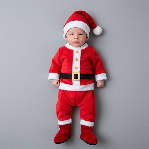 Photograph of a baby in a red Santa Claus outfit with white trim, black belt, and red boots, standing against a plain gray background.