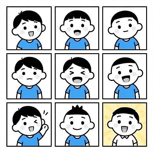 Simple digital cartoon of a smiling, black-haired boy in a blue shirt, shown in nine different expressions in a grid layout.